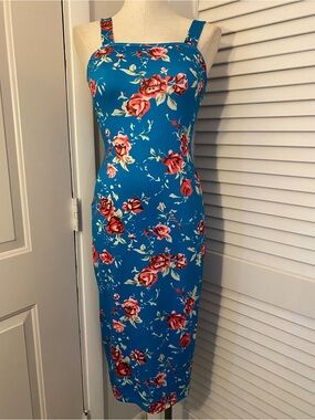 SHEIN Teal Blue Midi Dress with Rose Print- Size Large